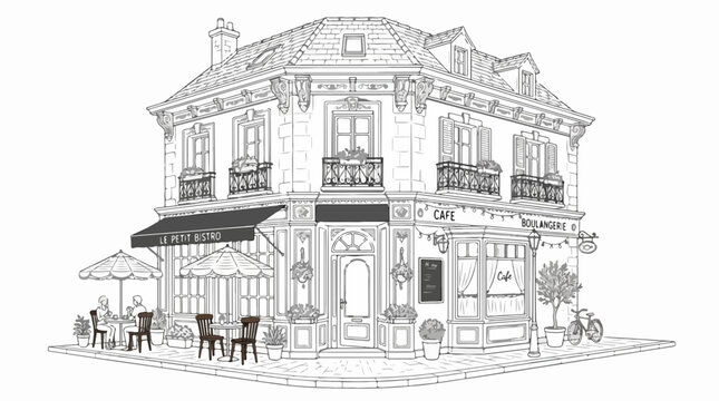 French street cafe line art with bistro seating and shop storefront
