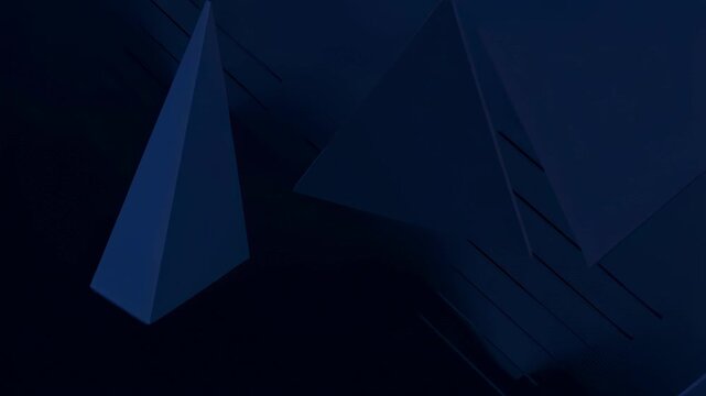 Dark blue 3D pyramids and triangular prisms rotate and float with soft shadows in a digital abstract space. Layered dark blue and navy tones enhance movement and depth.