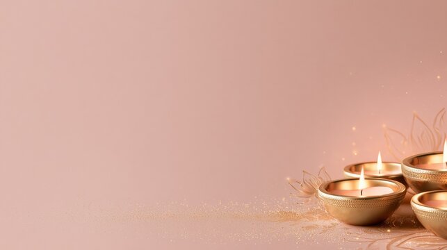 Diwali, Small oil lamp with a glowing flame sits on a blue and pink gradient background, creating a peaceful meditation and spirituality concept.
