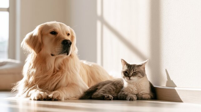 Golden retriever resting indoors near a window, relaxed pet lifestyle, peaceful mood, cozy home, companionship.