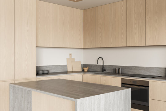 Modern minimalist kitchen interior with light wood cabinetry, stone surfaces, island, sink, cooktop, built-in oven design. 3D Rendering