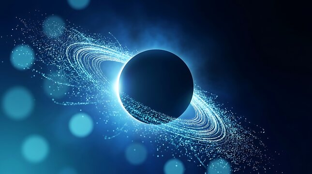A glowing blue abstract sphere surrounded by swirling light rings against a dark cosmic background