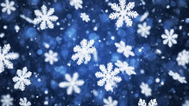 Delicate snowflakes falling gently against a deep blue glowing bokeh background during a soft winter night