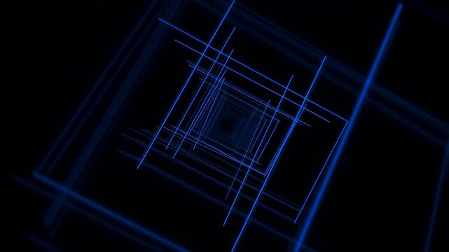 Rotating tunnel of glowing blue lines on a dark background. Motion creates a sense of depth and perspective for digital art and background animation.