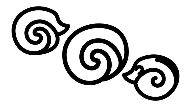 Illustrazione vettoriale di tre motivi decorativi a spirale in stile tradizionale giapponese, icone grafiche nere su sfondo bianco per design orientale e decorazioni artistiche.