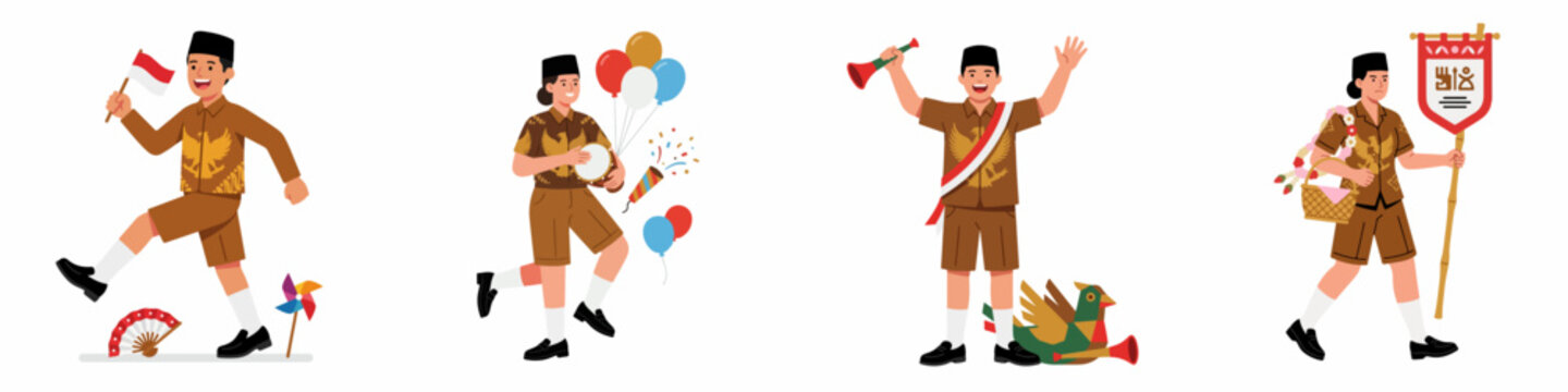 Illustration of Indonesian boy and girl scouts celebrating Independence Day with flags, balloons, and trumpets on a white background.