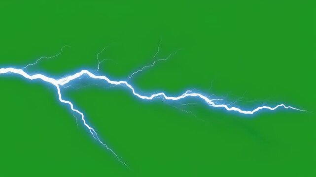 Electric blue lightning strikes against a green screen background with dynamic branching patterns