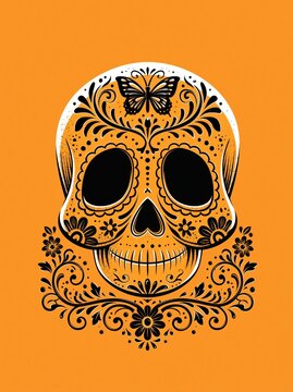 Vibrant Day of the Dead Inspired Sugar Skull Portrait with Floral Ornamentation and Butterfly Face Art on Bold Orange Background