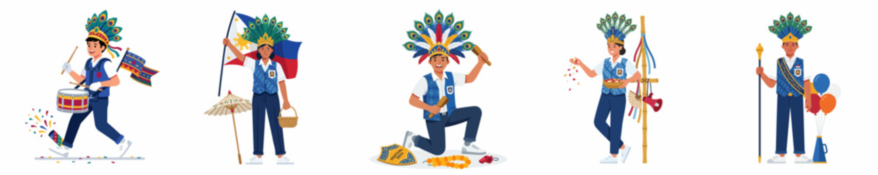 Collection of flat illustrations depicting children in traditional Philippine festival costumes celebrating a cultural parade or street dance event.