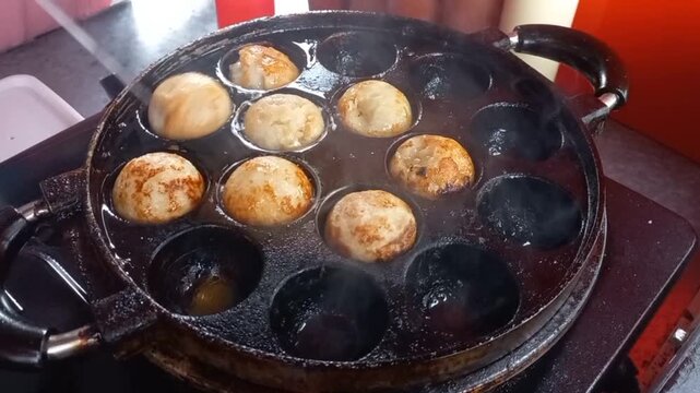 Takoyaki Cooking Process Almost Done Japanese Street Food Close-Up