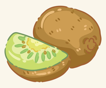 Niocte Fresh whole kiwi fruit with a wedge slice, cute cartoon doodle vector illustration