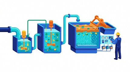 Fototapeta premium Technician Monitoring Industrial Wastewater Treatment Plant Process Vector Illustration