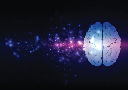 Abstract connected brain network flowing into a blue light background for artificial intelligence concept. illustration vector design