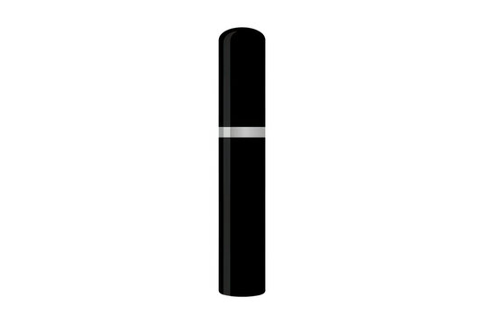 Un elegante contenitore per rossetto nero con dettagli argentati, isolato su uno sfondo bianco puro, ideale per presentazioni di prodotti cosmetici e design di packaging di bellezza.