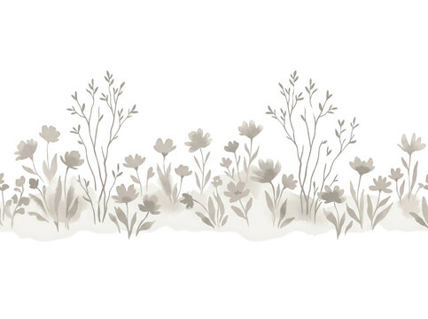 Bordo decorativo senza giunture con fiori di campo stilizzati e rami sottili in tonalit&agrave; grigio tenue su sfondo bianco, ideale per design elegante, inviti di nozze, carta da parati o cancelleria.