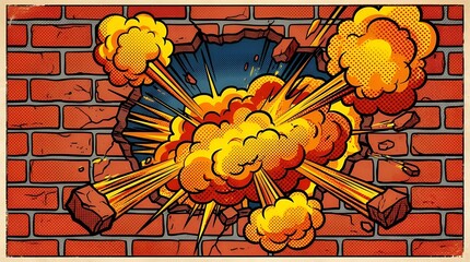 Pop Art Comic Book Style Exploding Hole In Brick Wall Cartoon Graphic Concept Background pop art comics hole brick wall torn down exploding cartoon explosion comic book style blast crack break burst