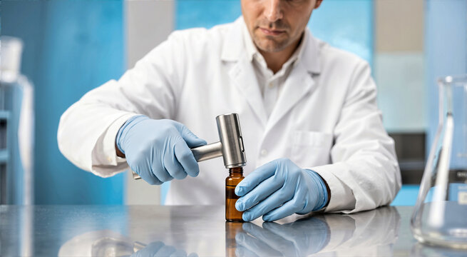 Male perfumer sealing amber glass vial with a metal tool. Scientist in white coat and blue gloves working in laboratory