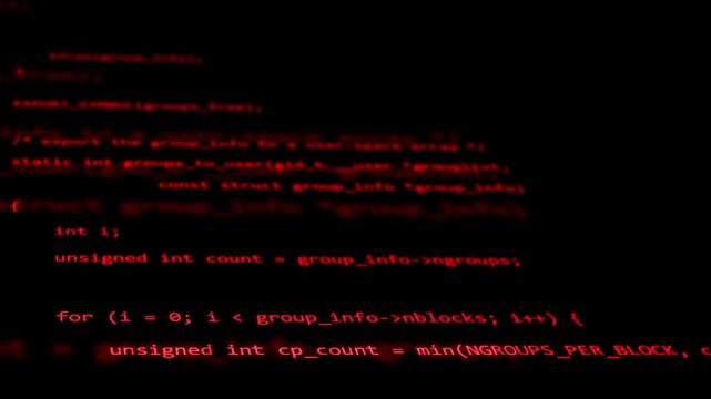Close up of programming code running on dark computer screen. Programming and coding concept. Artificial intelligence generates code on computer screen in dark mode. Language model write