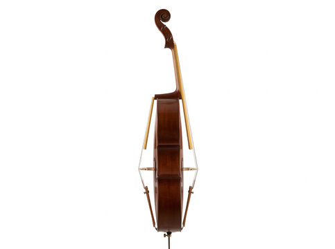 Un violoncello classico in legno marrone ripreso di profilo su uno sfondo bianco isolato, perfetto per illustrazioni musicali, design grafico o progetti artistici legati alla musica classica.