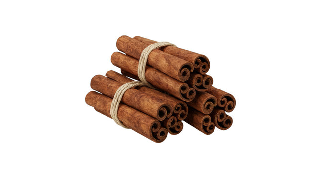 Cinnamon sticks tied with twine, aromatic brown spice bundles, organic baking ingredients for seasonal cooking isolated on Transparent Background