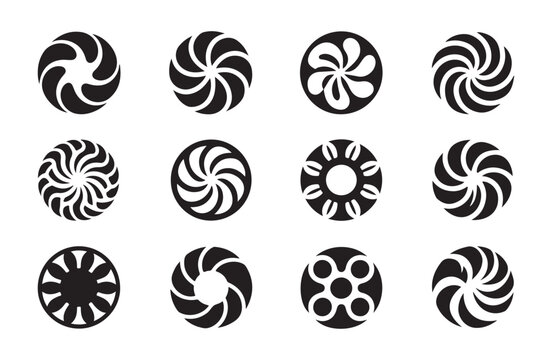 Circular vortex and radial spiral icons set featuring black geometric patterns for corporate branding and design.