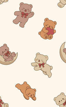 8. Seamless Cute Teddy Bear Pattern for Baby Nursery Backgrounds With Hearts, Moons and Bows