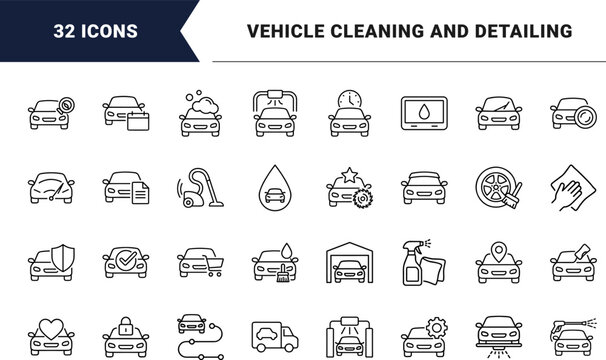 Car Wash Web Icon Set in Linear Style. Collection of Auto Detailing line icons, including vehicle wash, auto cleaning, pressure spray, mobile detailing, wax polish, foam wash.