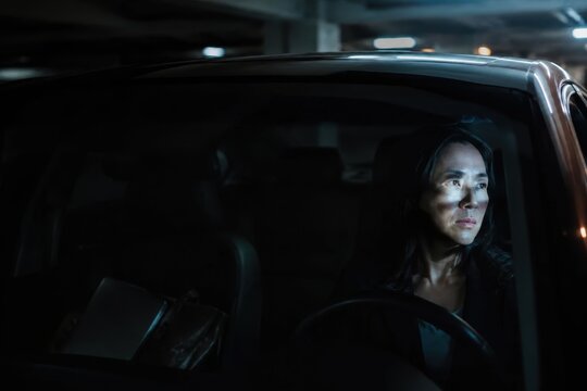 A person is seated inside a car, surrounded by the shadows of a dimly lit parking garage at night, gazing thoughtfully out of the window