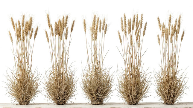 Cinque cespugli di erba secca ornamentale disposti in fila su sfondo bianco isolato, perfetti per composizioni floreali naturali e decorazioni d'interni in stile rustico o minimalista.