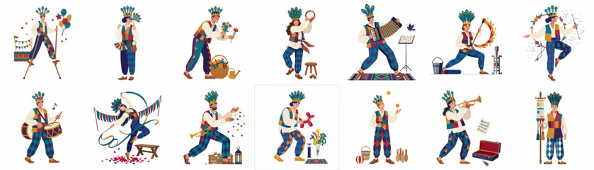Fototapeta premium A collection of colorful illustrations depicting a street performer in folk costume engaged in various acts like juggling, magic, and music.