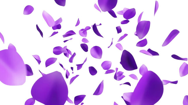 Petali di fiori viola che cadono delicatamente su uno sfondo bianco puro, creando un effetto dinamico e romantico ideale per design eleganti, celebrazioni di primavera e sfondi creativi.