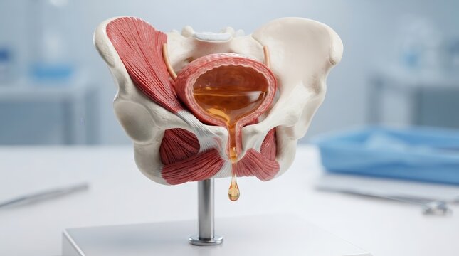 Human anatomy model depicting pelvic muscle support and bladder function.