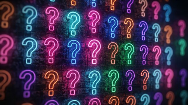 Realistic glowing neon question marks displayed on a dark brick wall as a quiz event template.
