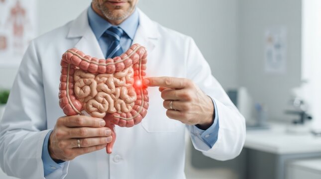 An anatomical model of the colon being used by a medical professional for diagnosis.