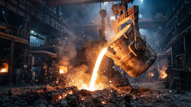 Glowing molten metal flows from a ladle into a furnace at a heavy industry steel plant.
