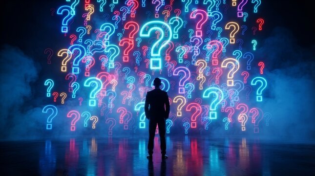 Man looking at a colorful wall of neon question marks representing uncertainty and problem solving.