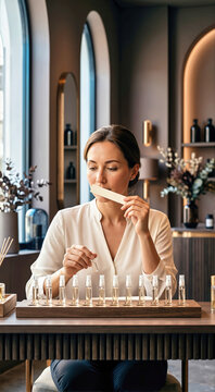 Female perfumer smelling a white paper scent strip at a wooden desk. Professional woman evaluating fragrances with clear glass vials in an elegant boutique