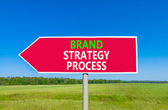 Brand strategy process words symbol. Concept words Brand strategy process on beautiful red road sign. Beautiful blue sky background. Business and brand strategy process concept. Copy space.