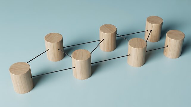 Wooden network nodes connected by lines representing communication, collaboration, connectivity and business relationships