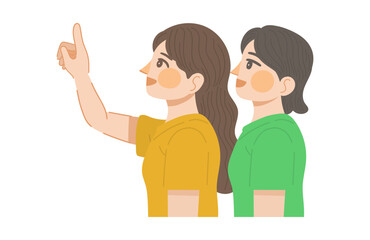 Obraz premium 笑顔で上を指さす女性と、笑顔で上を見る女性のイラスト