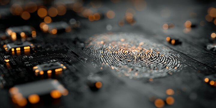 Digital fingerprint glowing on futuristic circuit board representing biometric security, identity verification and data protection technology