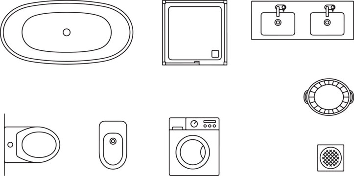 Bathroom furniture top view icons set featuring bathtub sink toilet and laundry machine in linear vector style