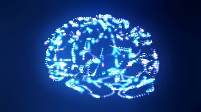 Animated glowing neural network nodes form a rotating stylized brain shape on a dark blue background. Animated scene combines glowing dots and connecting lines with light.