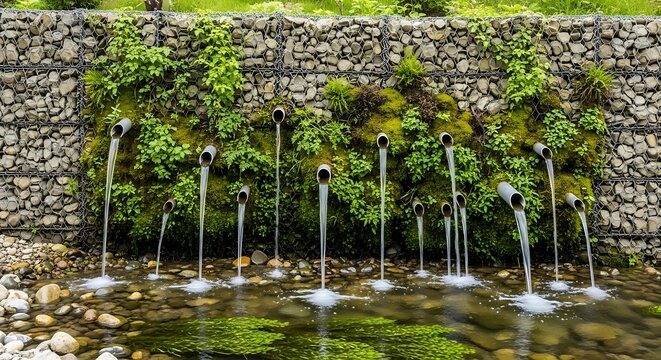 Multiple Metal Water Spouts Flowing From Mossy Stone Wall Into Shallow Stream