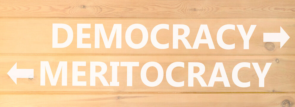 Democracy or meritocracy words symbol. Concept words Democracy Meritocracy on beautiful wooden wall. Beautiful wooden wall background. Business democracy meritocracy concept. Copy space