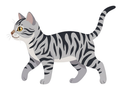 Simpatica illustrazione vettoriale di un gatto tigrato grigio con strisce nere che cammina di profilo, isolato su sfondo bianco per progetti grafici e design.