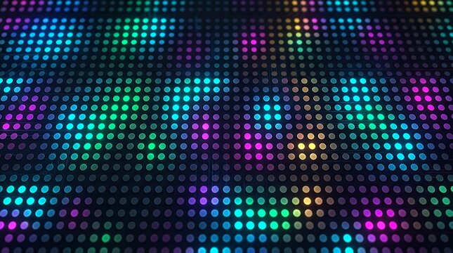 Rhythmic matrix of glowing multicolored circular dots organized on dark digital background circular grid grid pattern multicolored dots dark background digital pattern dots grid geometric composition