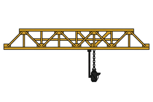Illustrazione vettoriale di un carroponte industriale giallo con paranco di sollevamento isolato su sfondo bianco.