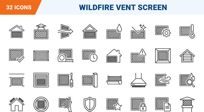 Property Ember Protection Web Icon Set in Linear Style. Collection of Wildfire Defense line icons, including ember screens, vent protection, roof safety, spark arrestors, retrofit hardware.