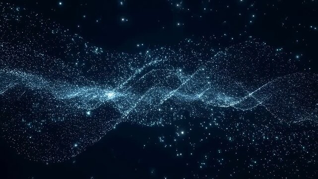 Dynamic wave of glowing blue particles flows and undulates against a dark background. Waves undulate smoothly with glowing points of light and soft diffusion effects for abstract motion use.